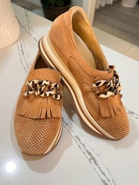 Tan Suede Slip-On Loafers with Tortoiseshell Chain Detail
